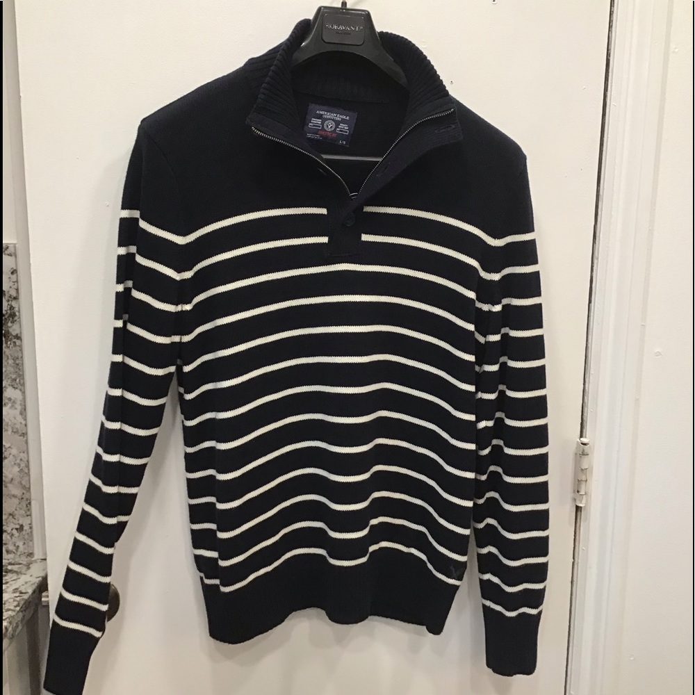 Men’s Navy Blue Striped, 1/4 Zip/Button Sweater